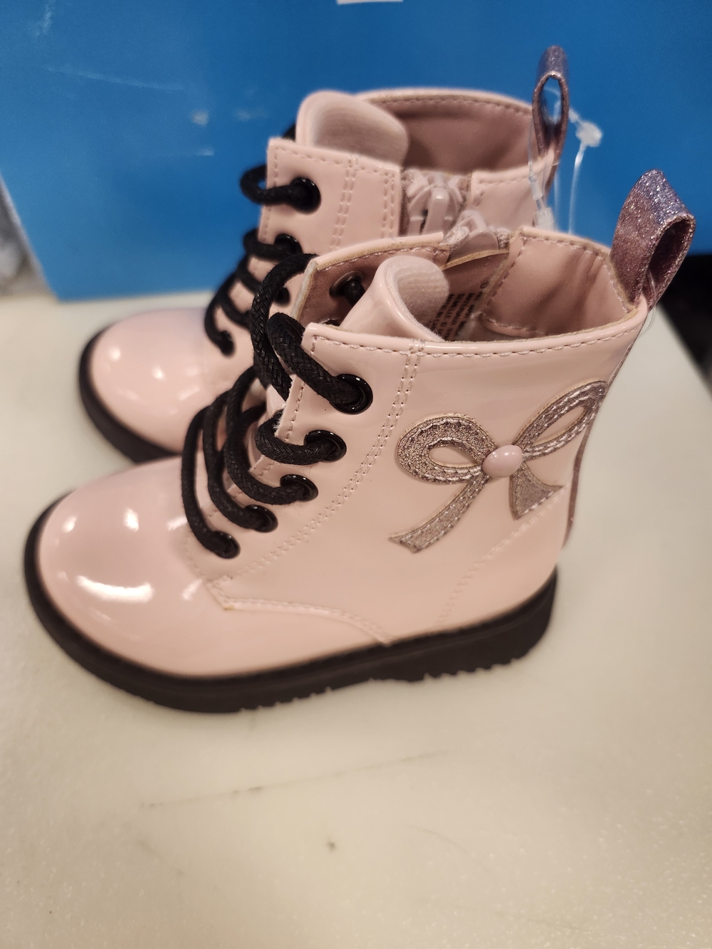 The Children's Place Blush Pink Patent Lace-Up Toddler Boots with Glitter Bow